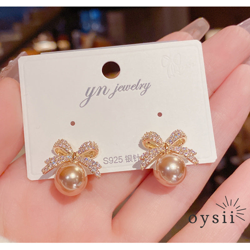 Pearl Ribbon — Micro Zircon Bow Stud Earrings