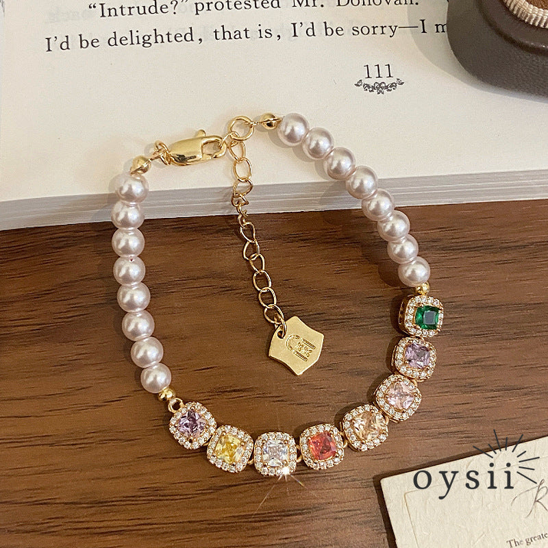 Candy Gleam – Colorful Square Zircon & Manta Pearl Bracelet