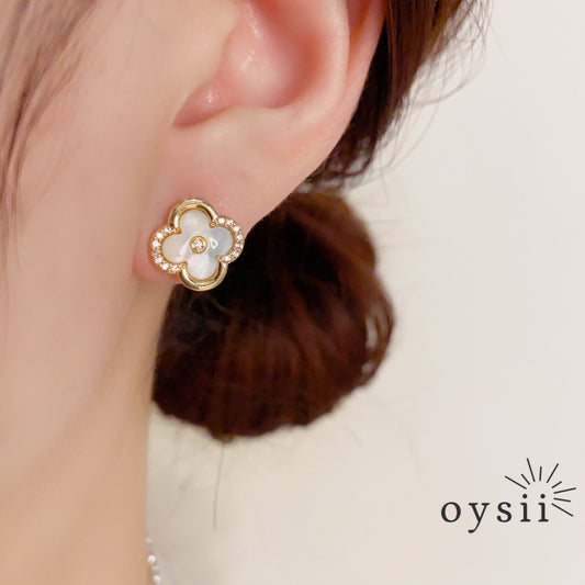 Spring Clover — Zircon & Mother-of-Pearl Flower Stud Earrings