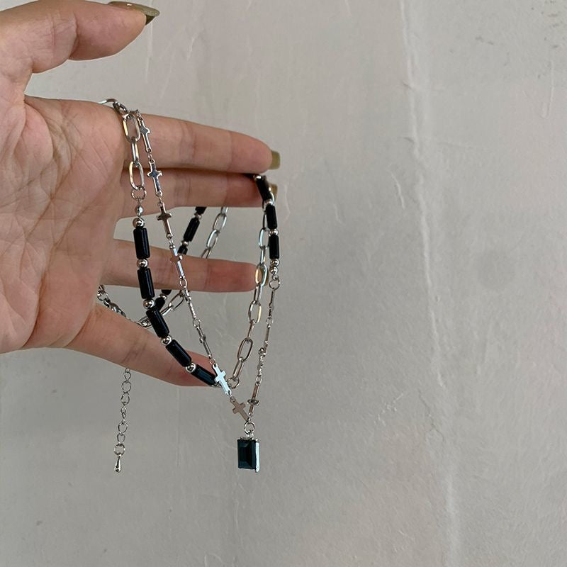 Double Layer Cross Necklace with Dark Stone