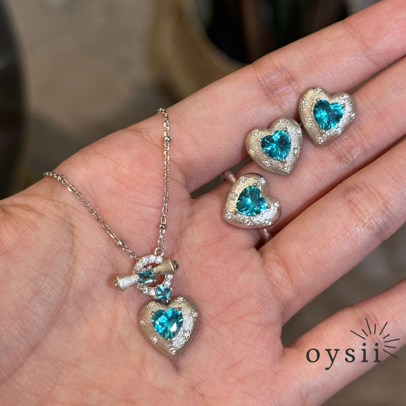 Paraiba Heart — Light-Luxury Vintage Heart Ring, Necklace & Earrings Set