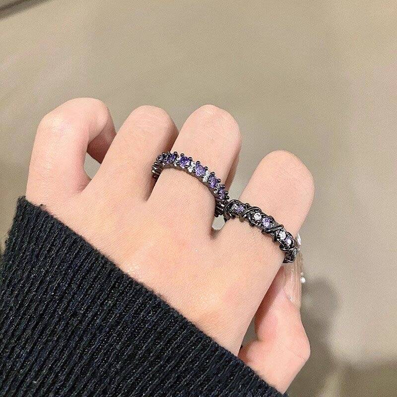 Purple Crystal Rose Ring Set
