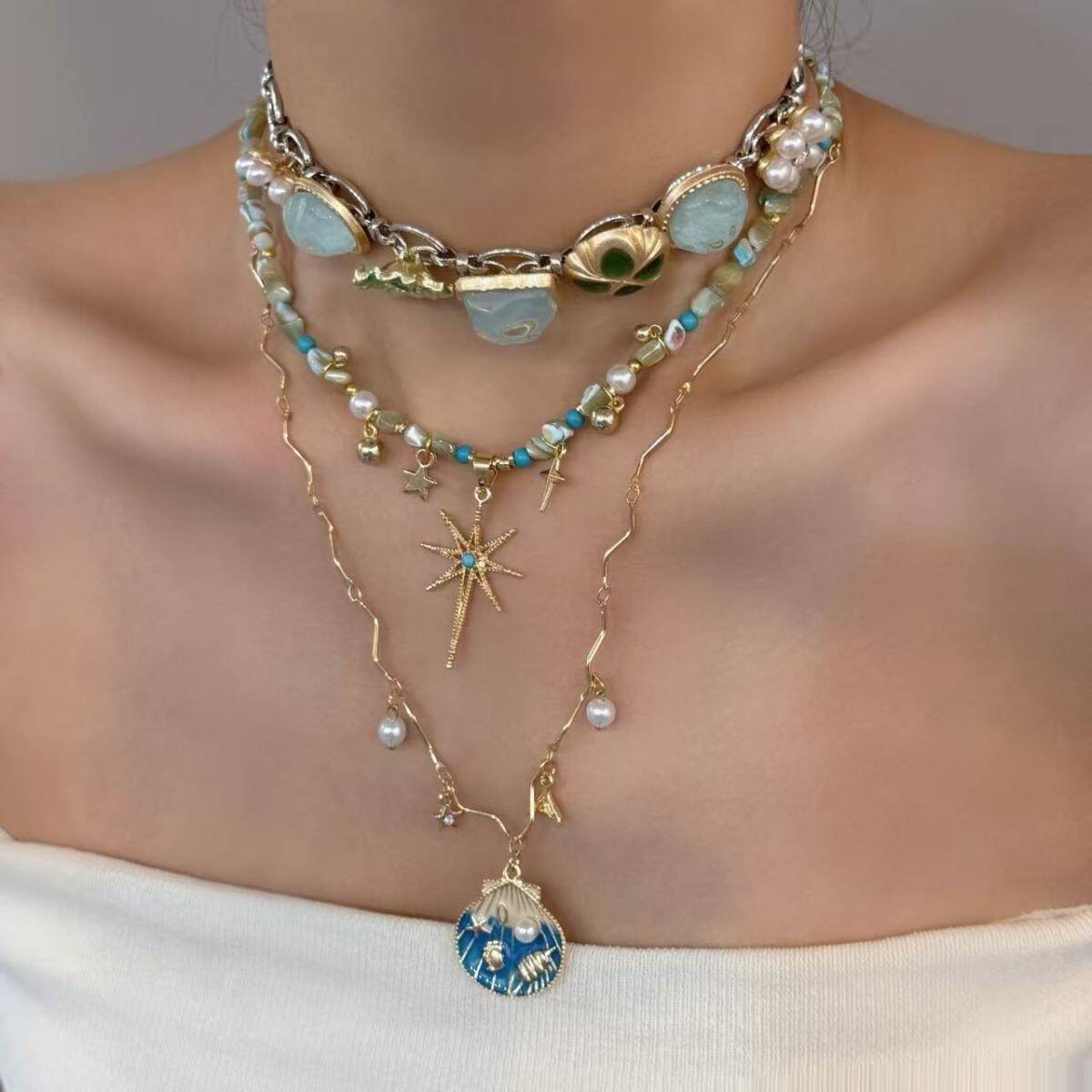 Blue Shell Beaded Necklace