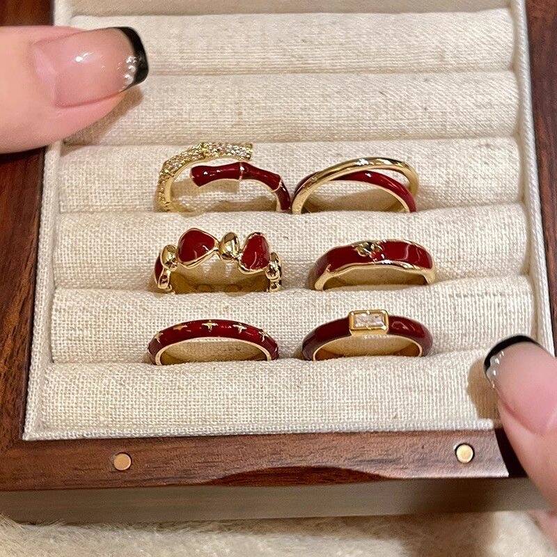 Red Enamel Ring Set