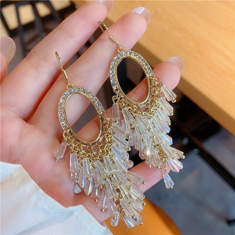 Gold Crystal Tassel Earrings