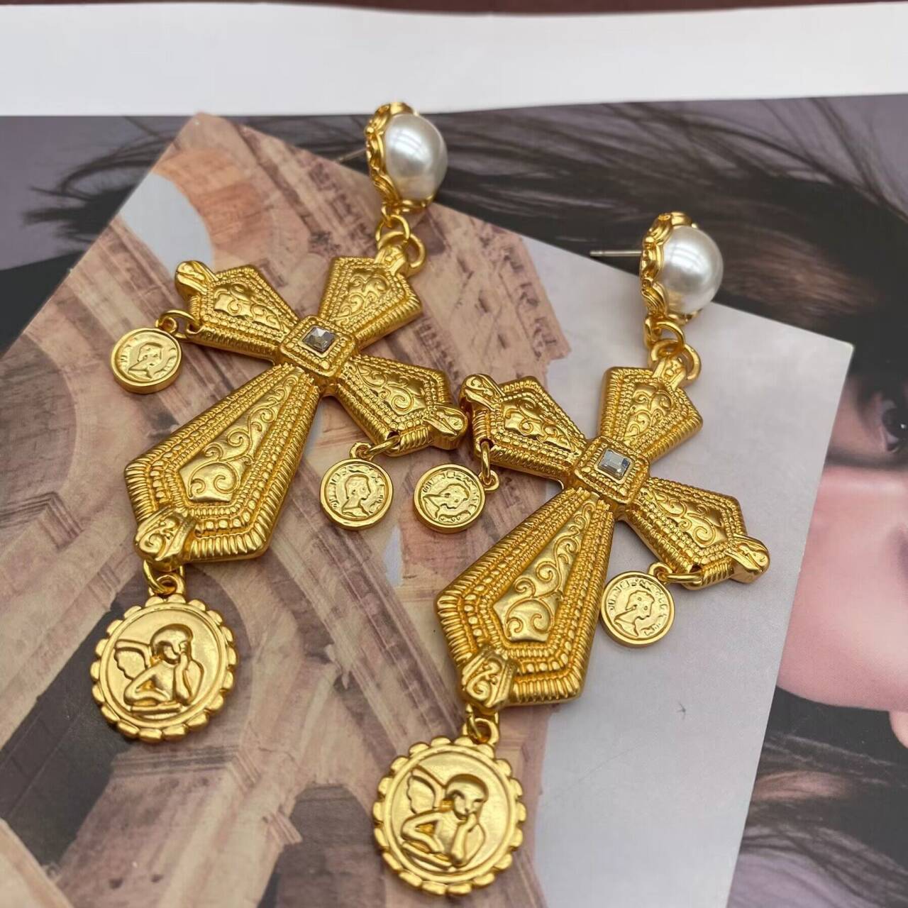 Pearl Cross Earrings