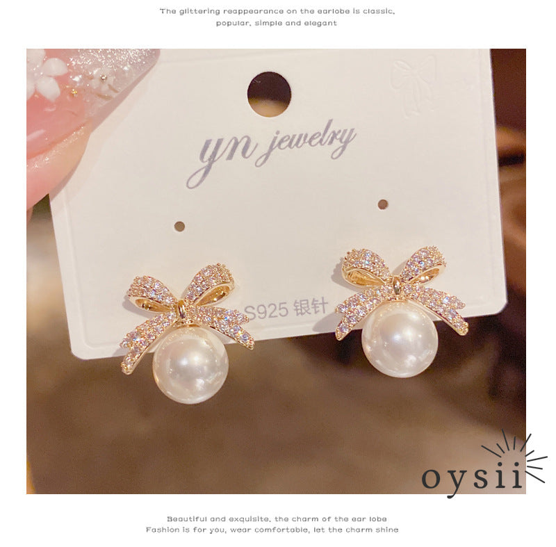 Pearl Ribbon — Micro Zircon Bow Stud Earrings