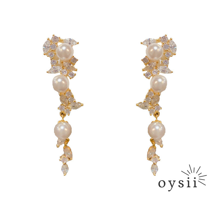 Whispering Leaves — Long Pearl & Micro Zircon Tassel Earrings