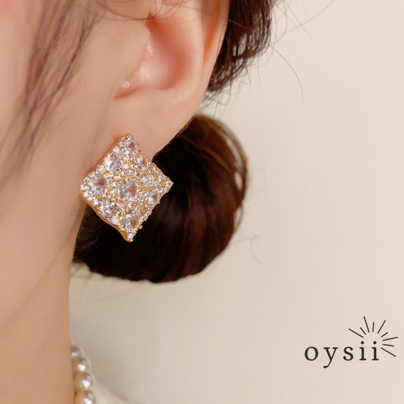Diamond Whisper — Pavé Zircon Rhombus Stud Earrings