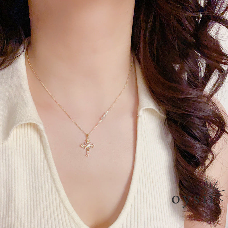 Moonlit Prayer — Micro Zircon & Pearl Cross Necklace