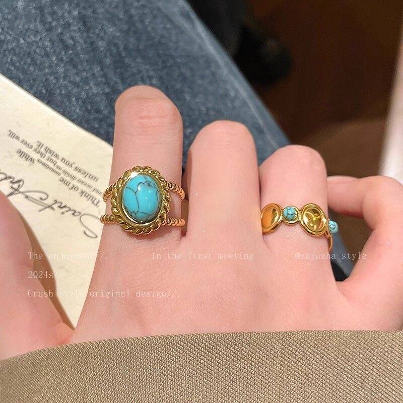 Gold Green Stone Open Ring Set