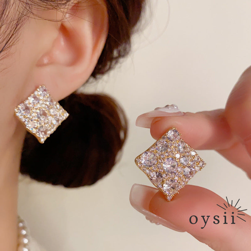 Diamond Whisper — Pavé Zircon Rhombus Stud Earrings