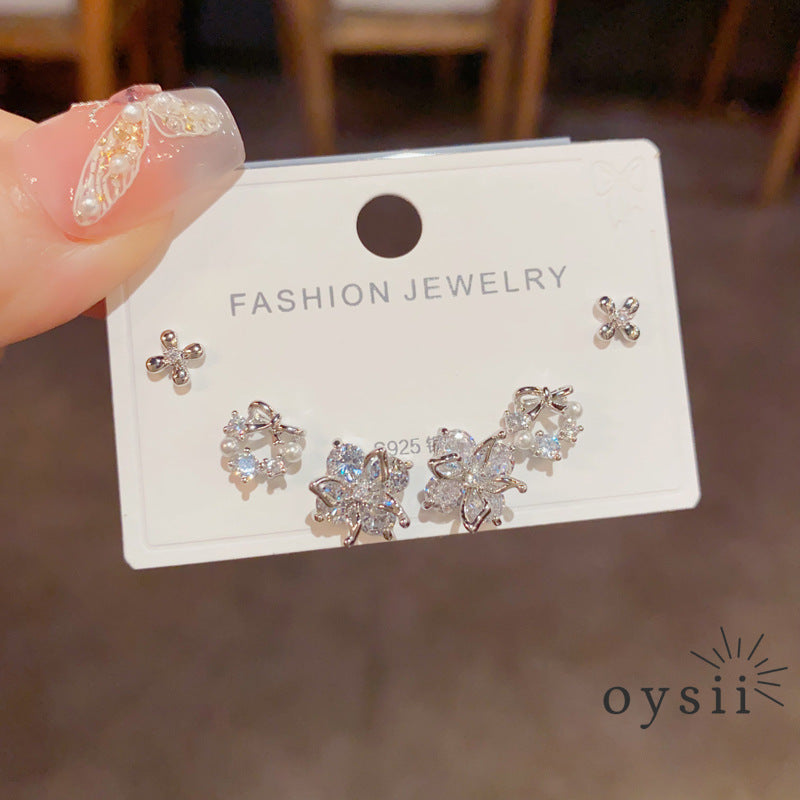 Petal Trio — Full Diamond Flower Stud Earrings Set