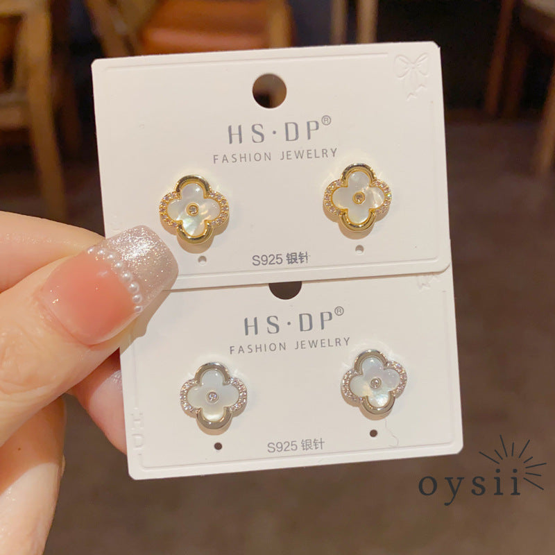 Spring Clover — Zircon & Mother-of-Pearl Flower Stud Earrings