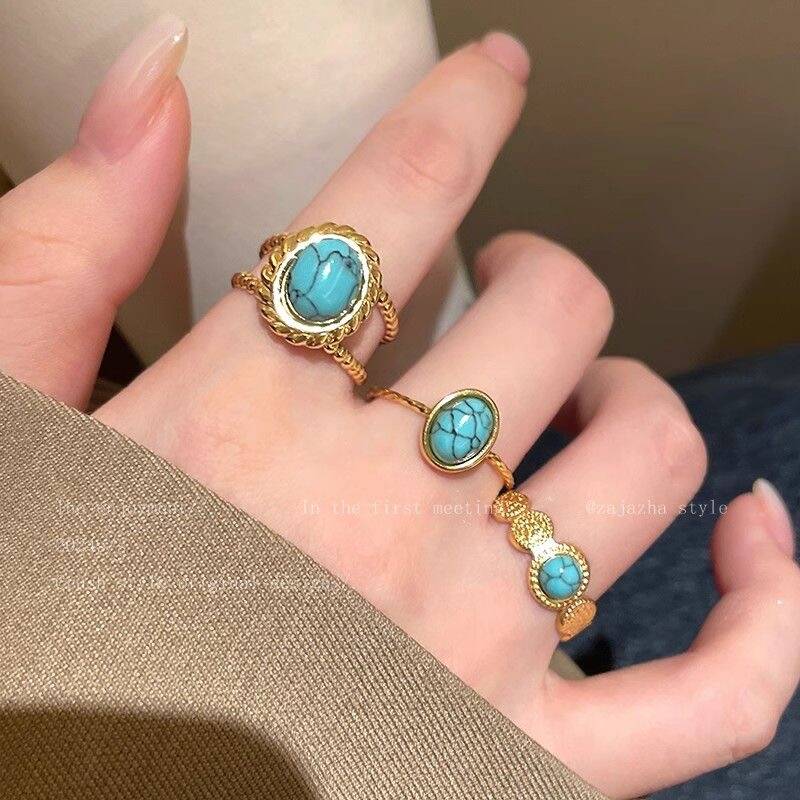 Gold Green Stone Open Ring Set