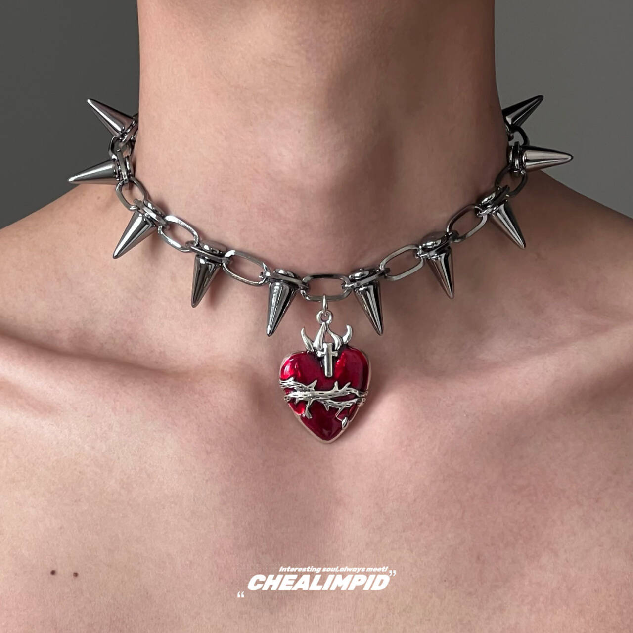 Red Heart Studded Necklace