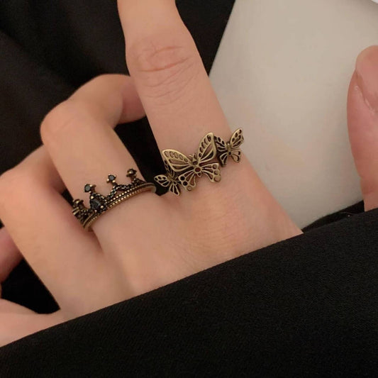 Crown & Butterfly Ring Set