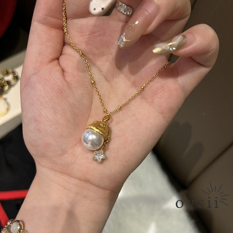 Starlit Noel — French Vintage Brushed Pearl Christmas Hat Necklace