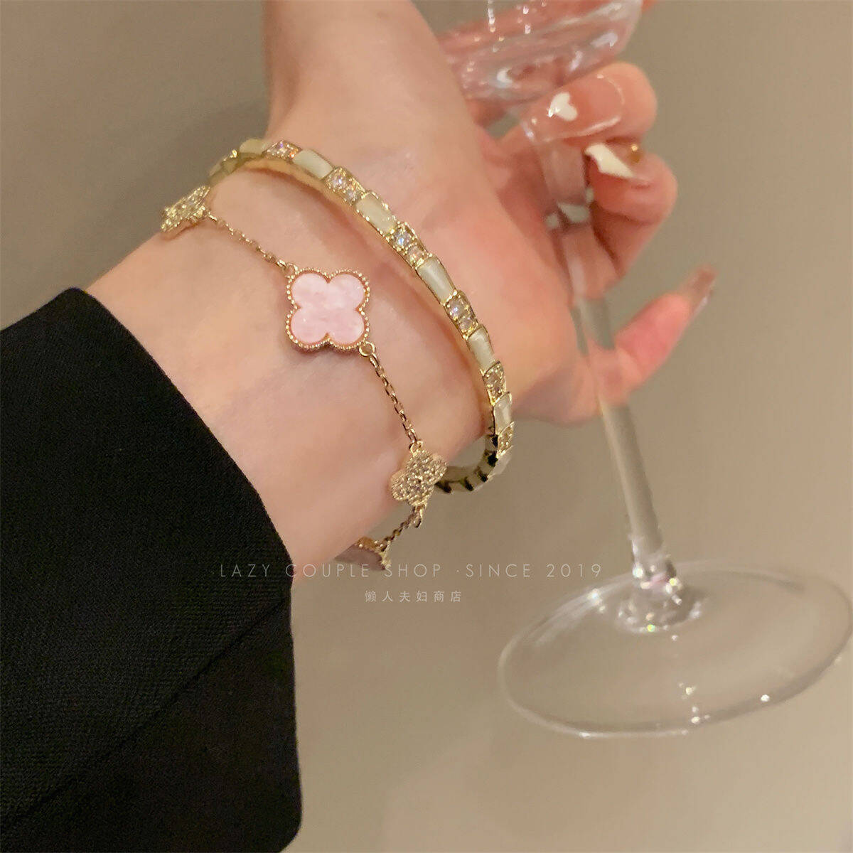Pink Clover Layered Bracelet