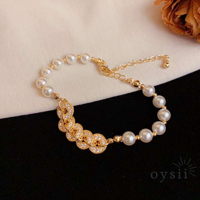 Lunar Charm – Zircon Coin Pearl Bracelet