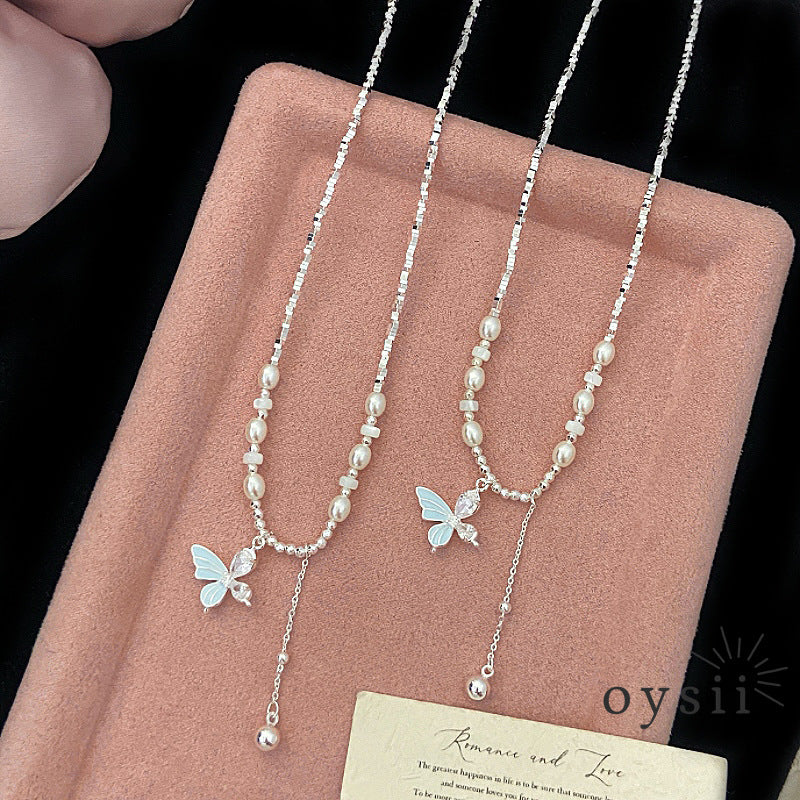 Butterfly Whisper – Pearl Tassel Pendant Necklace