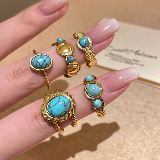 Gold Green Stone Open Ring Set