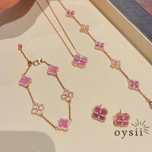 Rose Blush Vintage Clover Jewelry Set – Necklace, Bracelet & Earrings