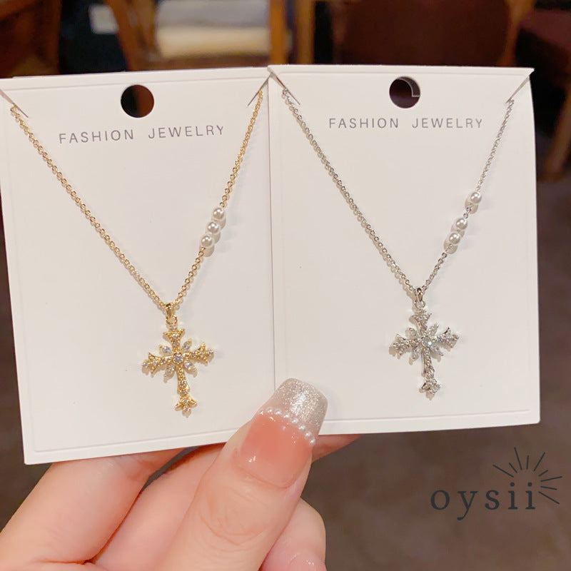 Moonlit Prayer — Micro Zircon & Pearl Cross Necklace