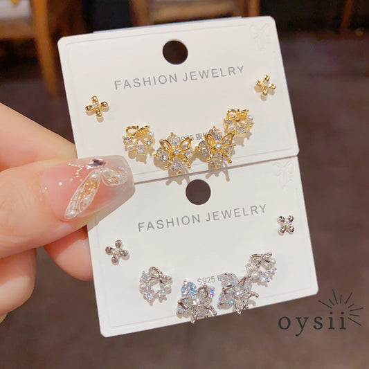 Petal Trio — Full Diamond Flower Stud Earrings Set