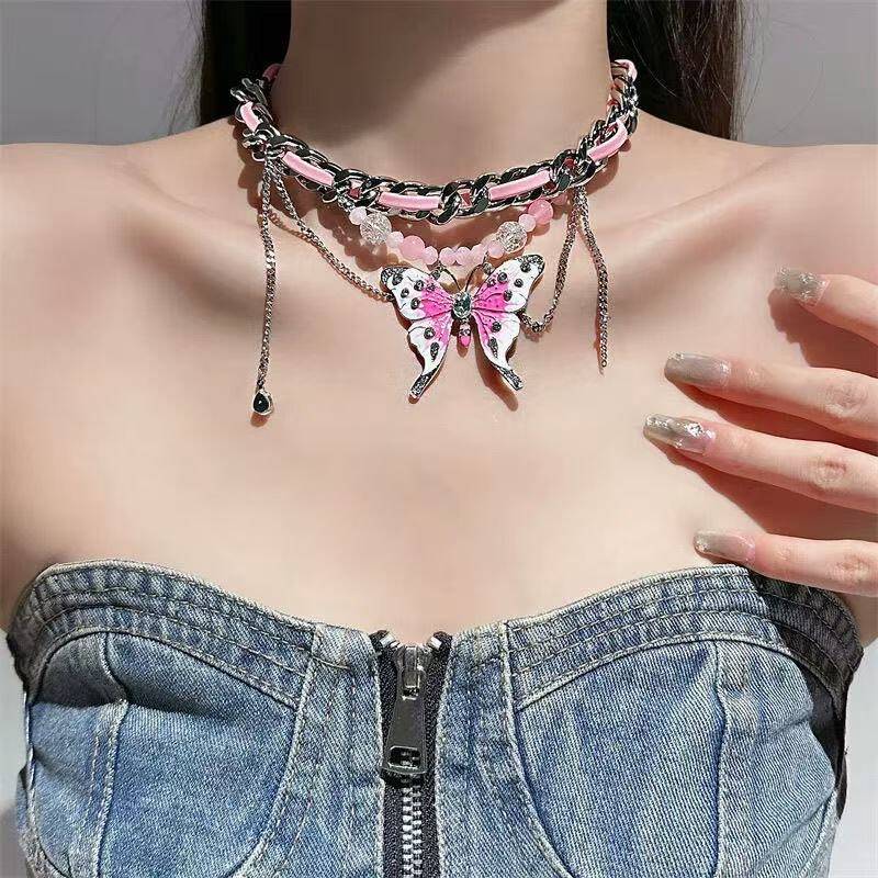 Pink Butterfly Leather Necklace