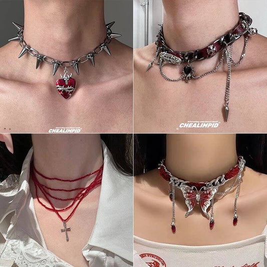 Red Heart Studded Necklace