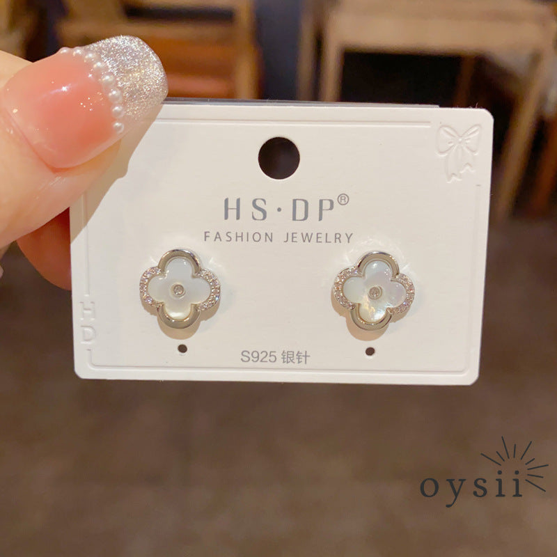 Spring Clover — Zircon & Mother-of-Pearl Flower Stud Earrings