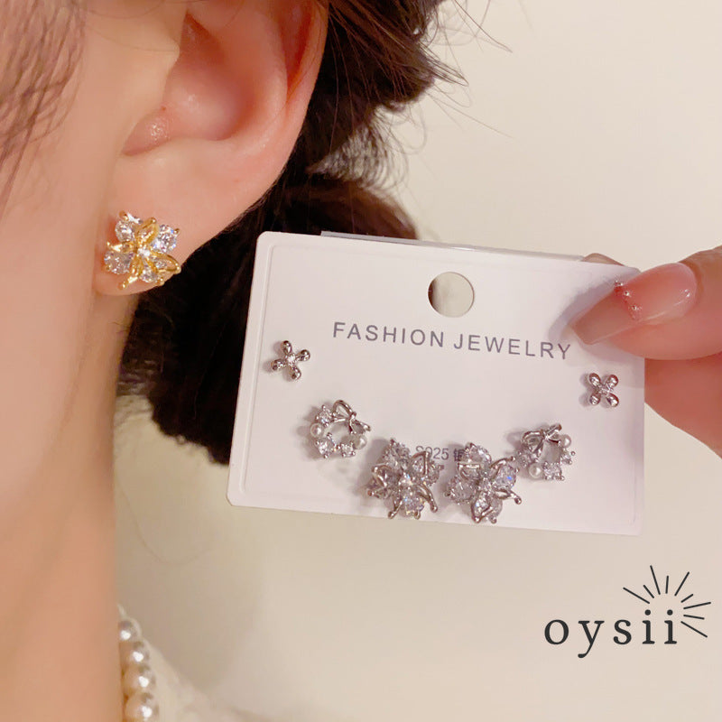 Petal Trio — Full Diamond Flower Stud Earrings Set