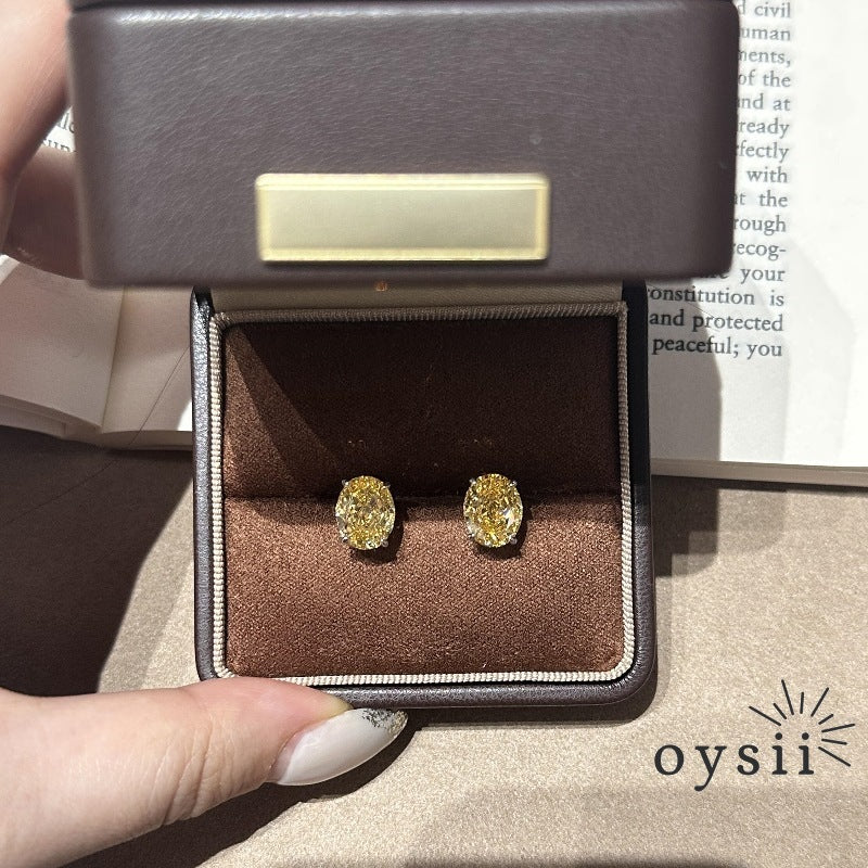 Golden Dawn Gem — S925 Silver Yellow Diamond Oval Stud Earrings