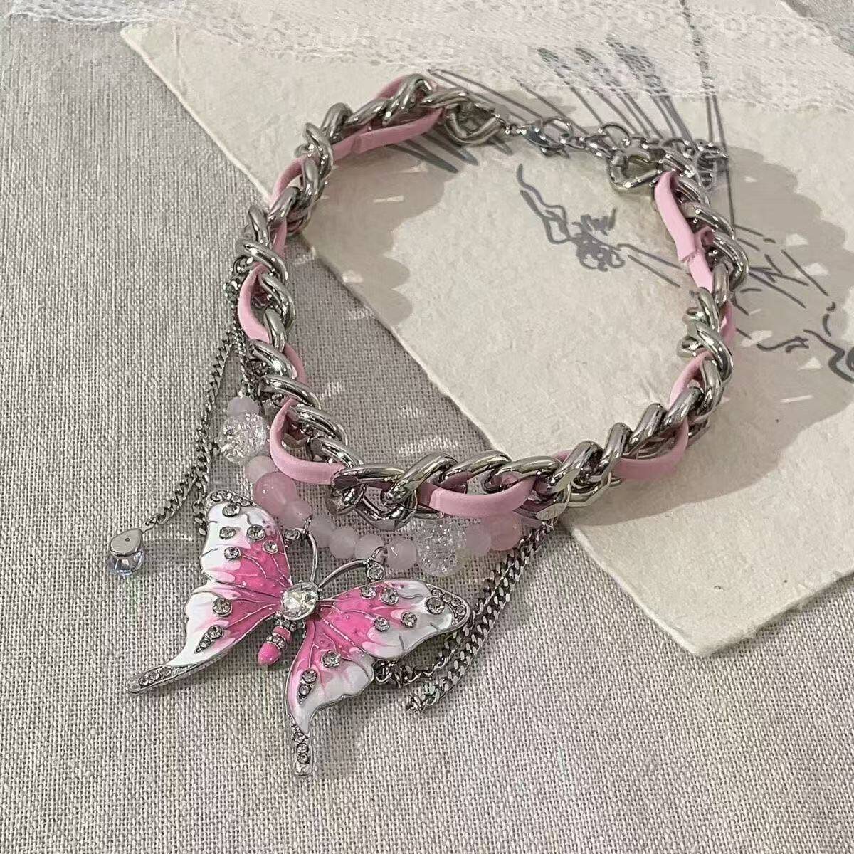 Pink Butterfly Leather Necklace