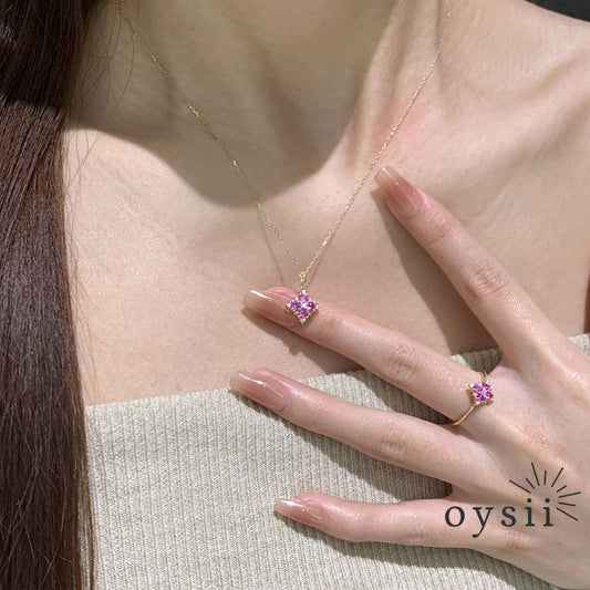 Violet Luck — Purple Gem Four-Leaf Clover Necklace & Adjustable Ring