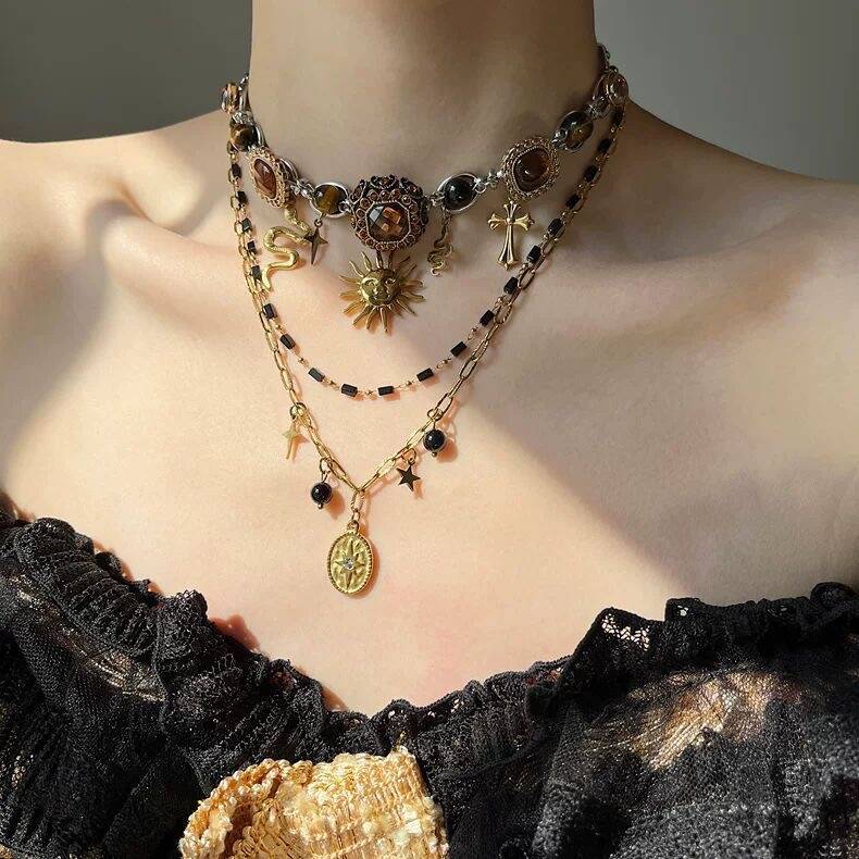Black & Gold Sun Layered Necklace