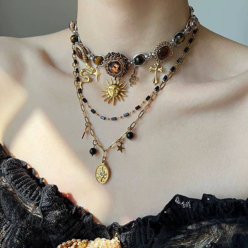 Black & Gold Sun Layered Necklace