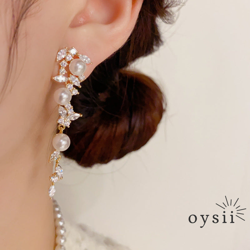 Whispering Leaves — Long Pearl & Micro Zircon Tassel Earrings