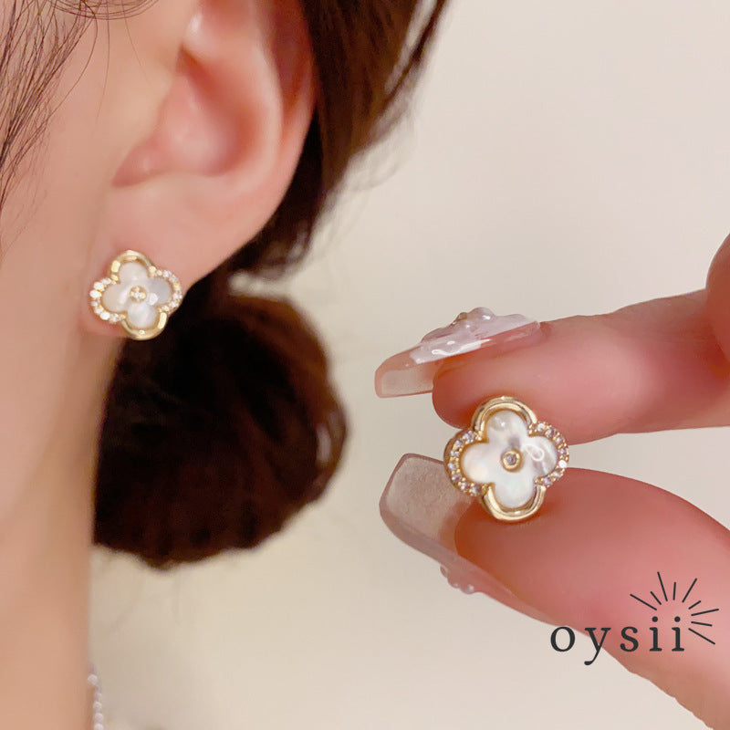 Spring Clover — Zircon & Mother-of-Pearl Flower Stud Earrings