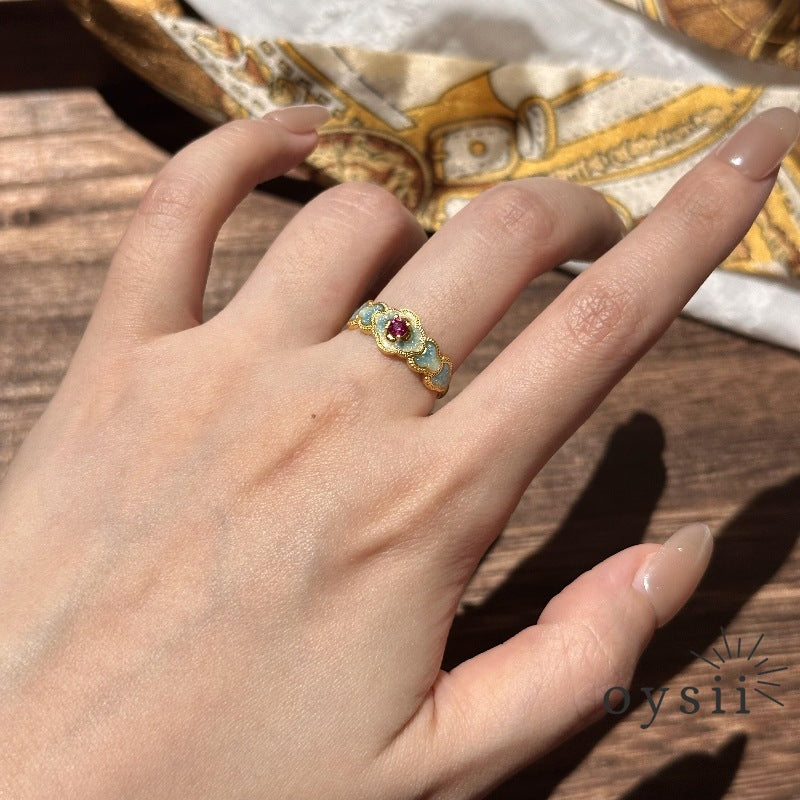 Ethereal Bloom – Blue Enamel Ruby Ring