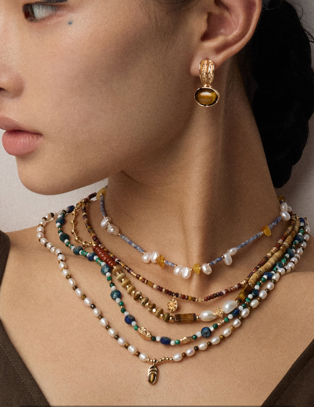 Fine jewelry Maillard style necklace with genuine tiger eye stone, sterling silver chain, timeless hypoallergenic design