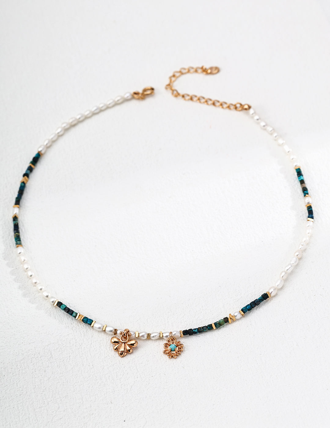 Handmade S925 sterling silver necklace with pearls, malachite and turquoise, natural gemstone jewelry for women
