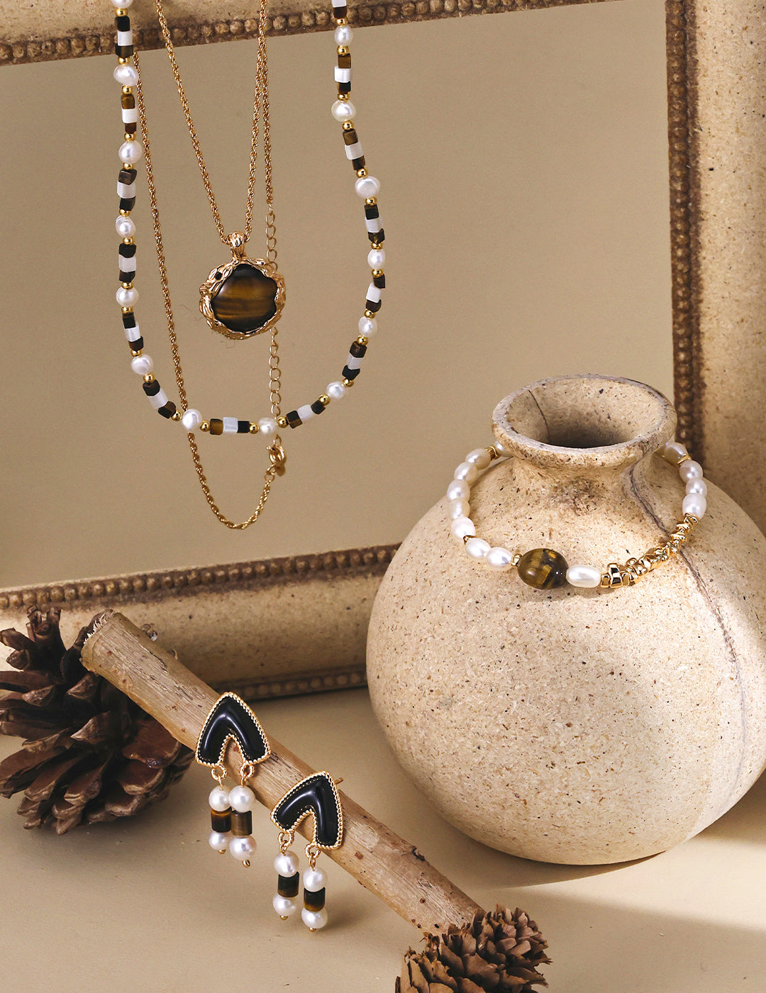 Fine jewelry S925 sterling silver bracelet with genuine pearls and tiger eye, dainty elegant design