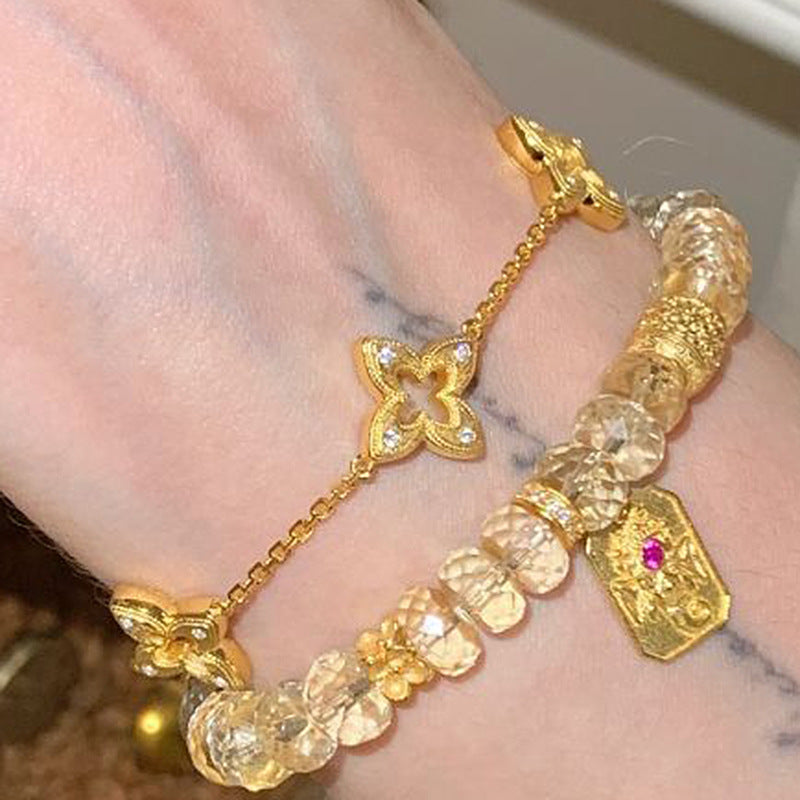 Lucky Aurora — Vintage Brushed Star & Four-Leaf Clover Bracelet