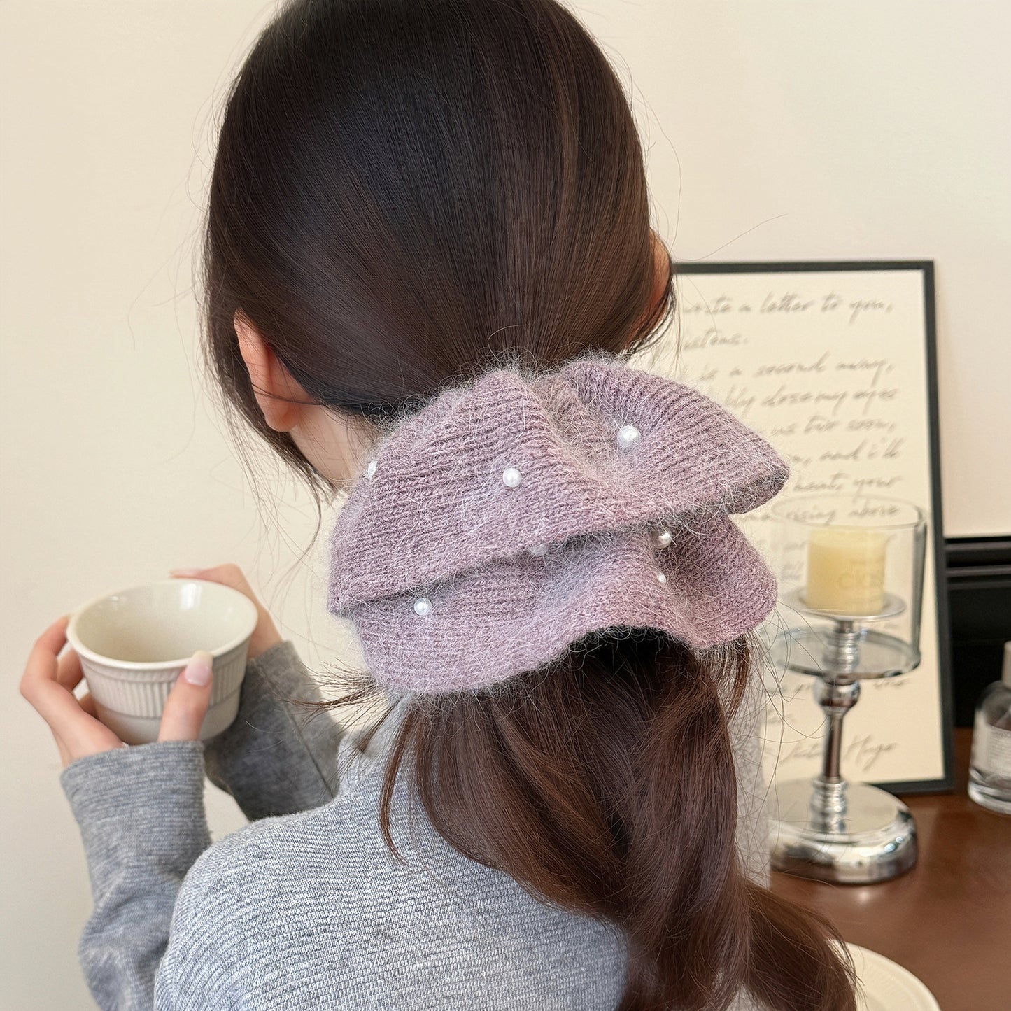 Grey Knit Pearl Scrunchie