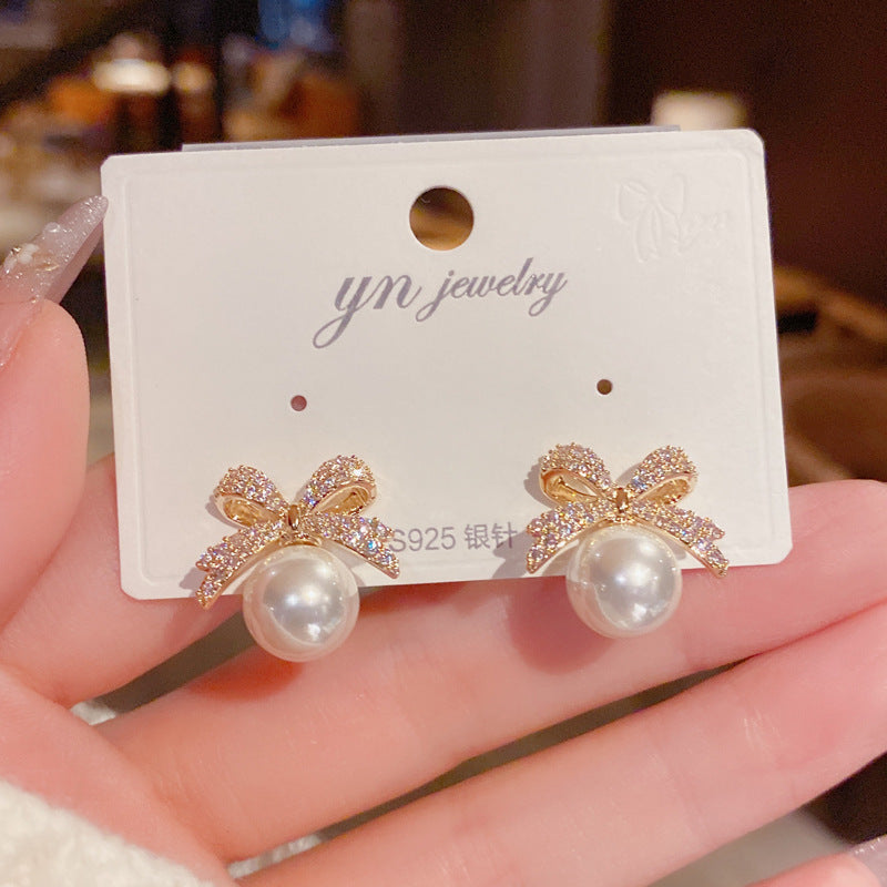 Pearl Ribbon — Micro Zircon Bow Stud Earrings