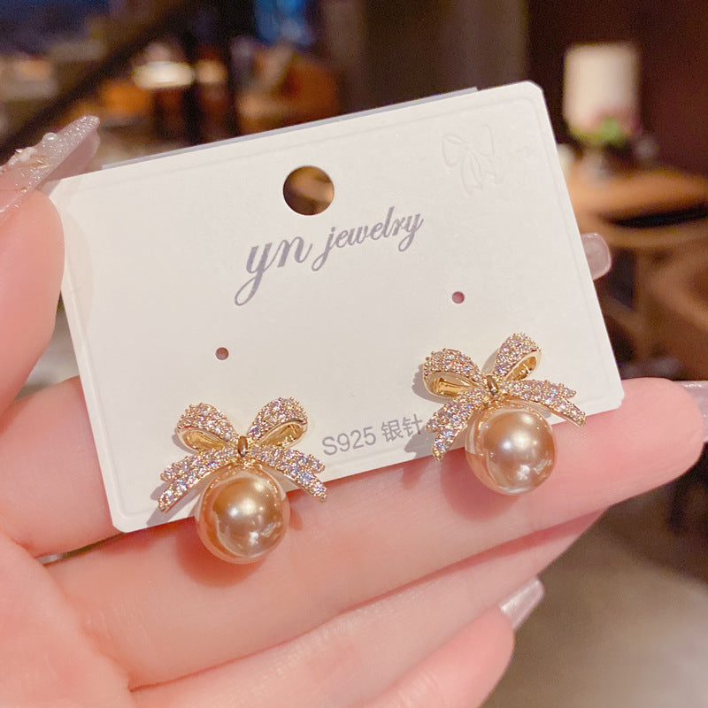 Pearl Ribbon — Micro Zircon Bow Stud Earrings