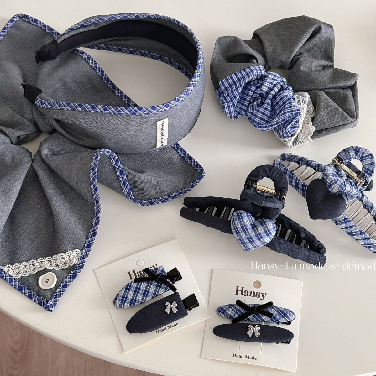 Blue-Gray Lace Plaid Hair Clip & Scrunchie