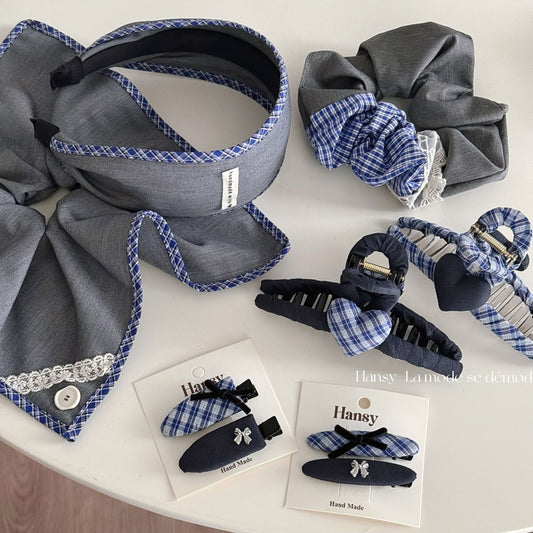 Blue-Gray Lace Plaid Hair Clip & Scrunchie